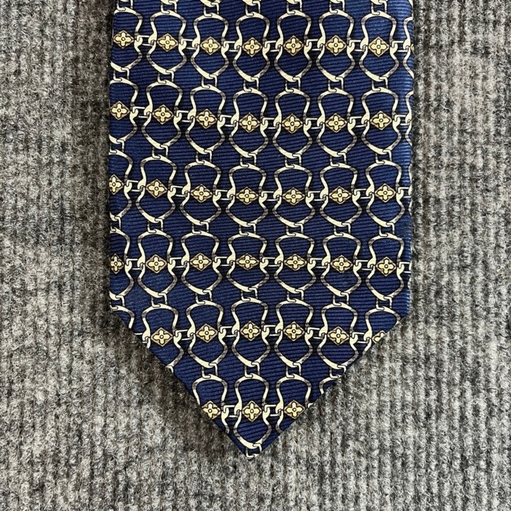 Antonio Baldan Italy Mens Silk Necktie Navy Blue Gold Geometric Chain Floral Tie